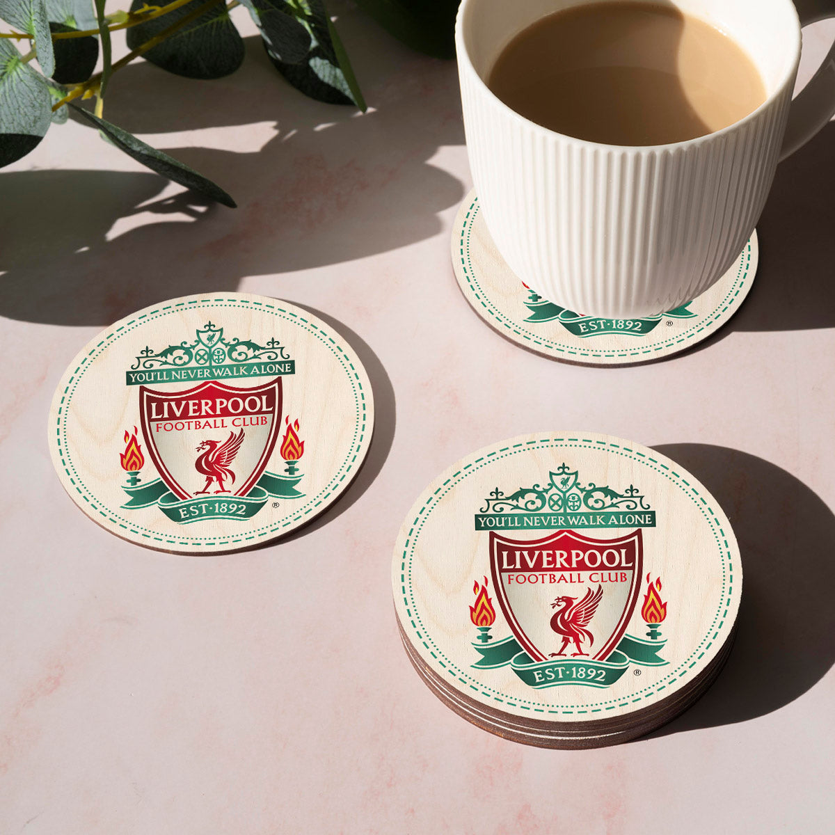Liverpool wooden coaster – round birch wood coaster printed with the Liverpool club crest in red and gold, 4x4 inches