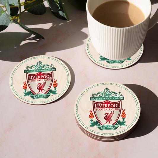 Liverpool wooden coaster – round birch wood coaster printed with the Liverpool club crest in red and gold, 4x4 inches