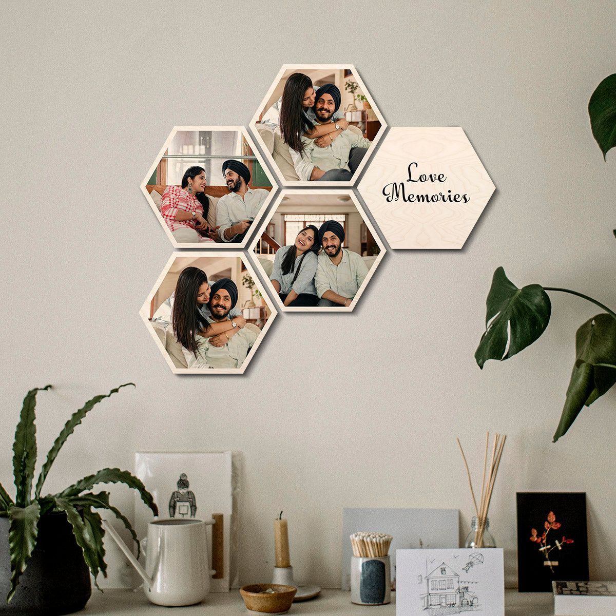 Hexagon wood photo print set of 7 – birch hexagon panels with personalized couple and family photos arranged as a wall collage