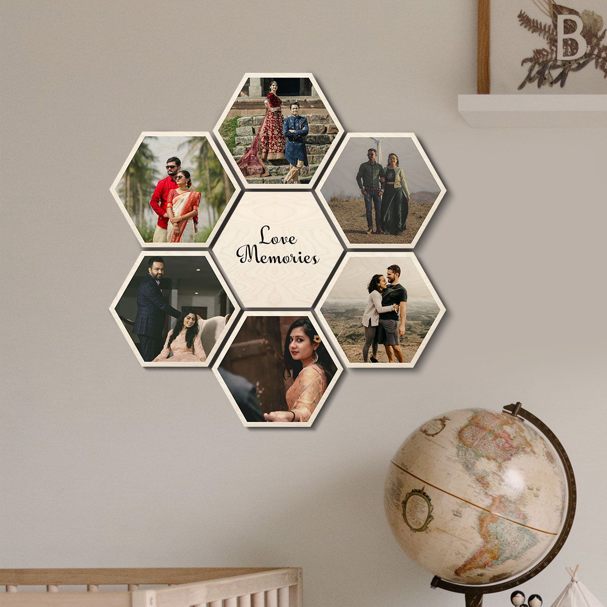Hexagon wood print set of 5 – birch hexagon photo tiles arranged as a personalized wall collage with couple photos