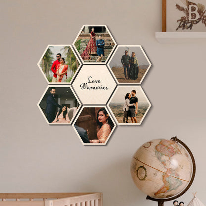 Hexagon wood print set of 5 – birch hexagon photo tiles arranged as a personalized wall collage with couple photos
