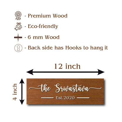Brown stained birch 3D wooden name plate with surname and Est. year, wall display