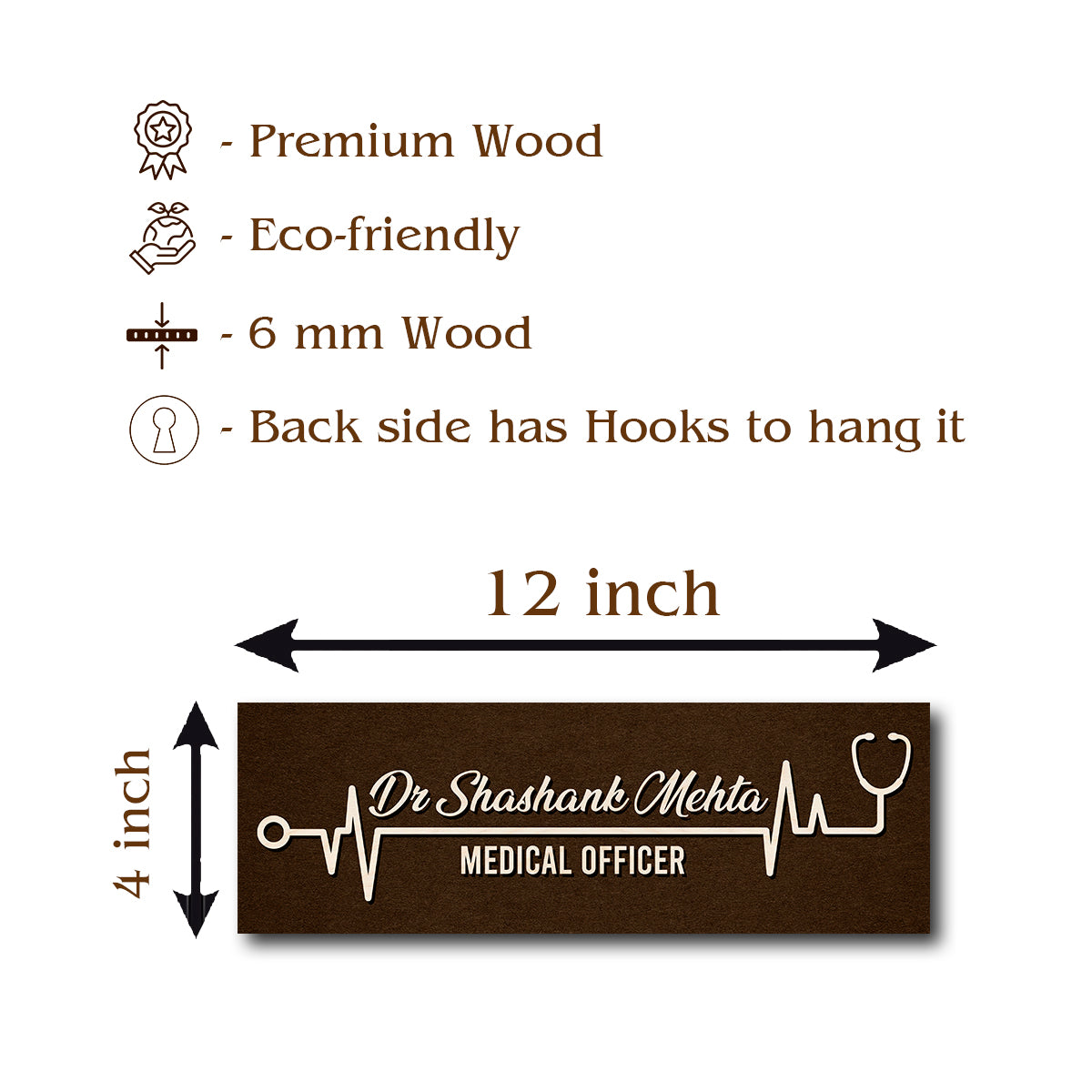 Personalised heartbeat name plate design with doctor name on dark brown wood