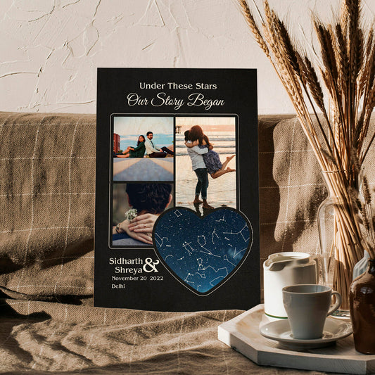 Night We Met Star Map on Wood with Personalized Heart Photo Design