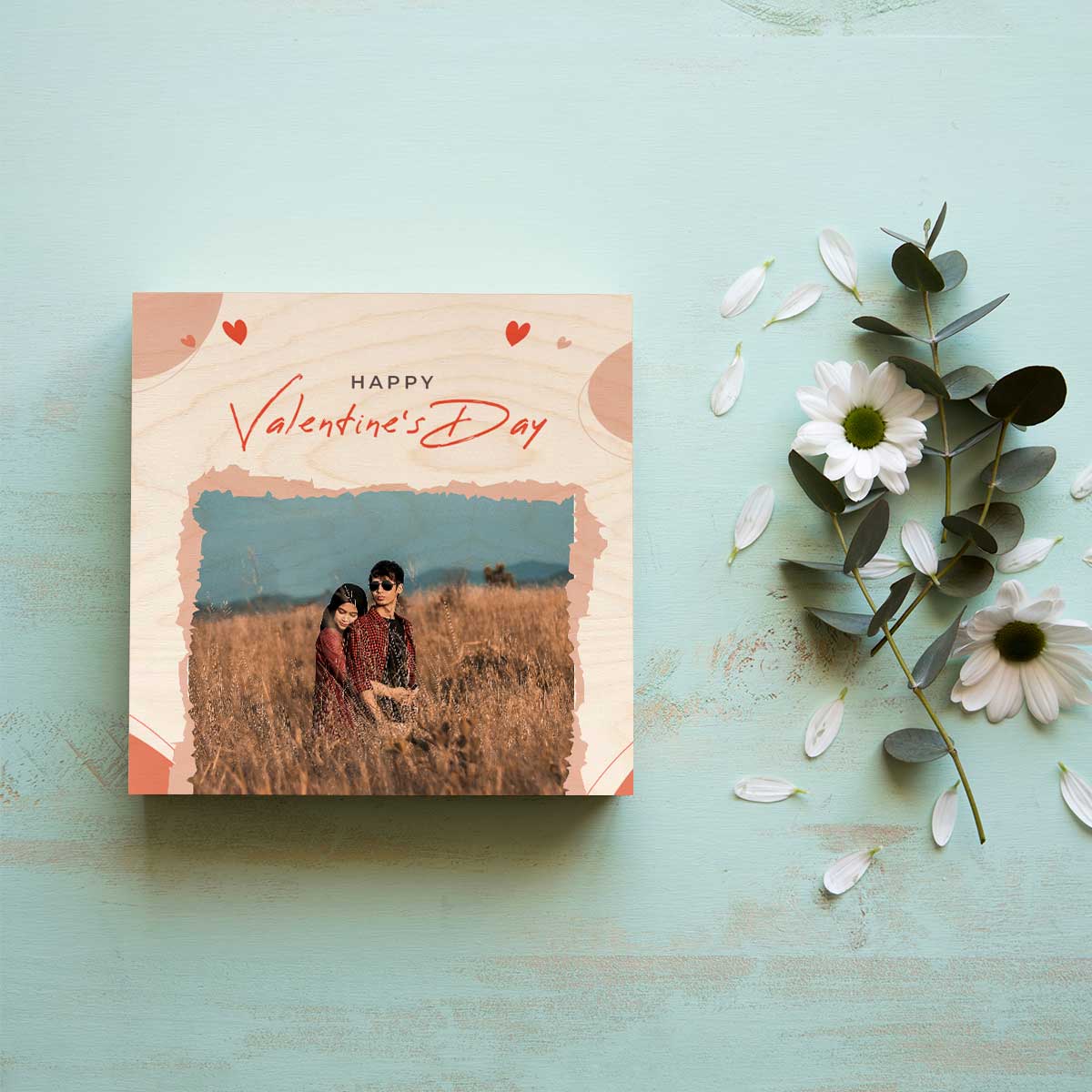 Couple Valentine Photo on Wood with Personalized Heart Design