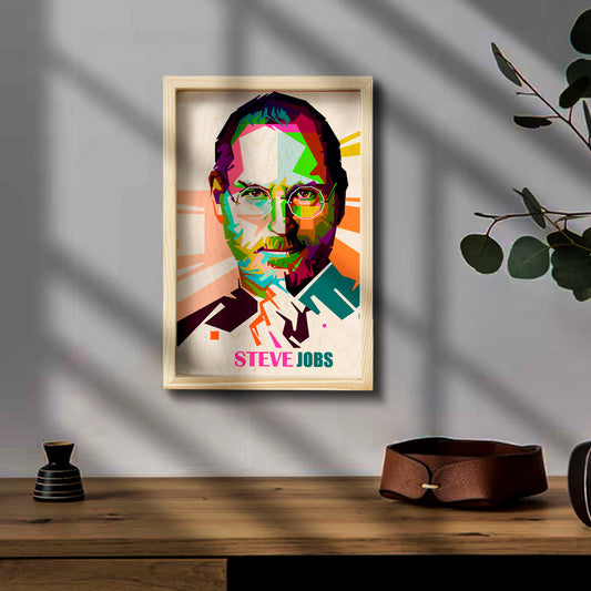 Steve Jobs Wooden Frame Wall Art with Colourful Pine Portrait