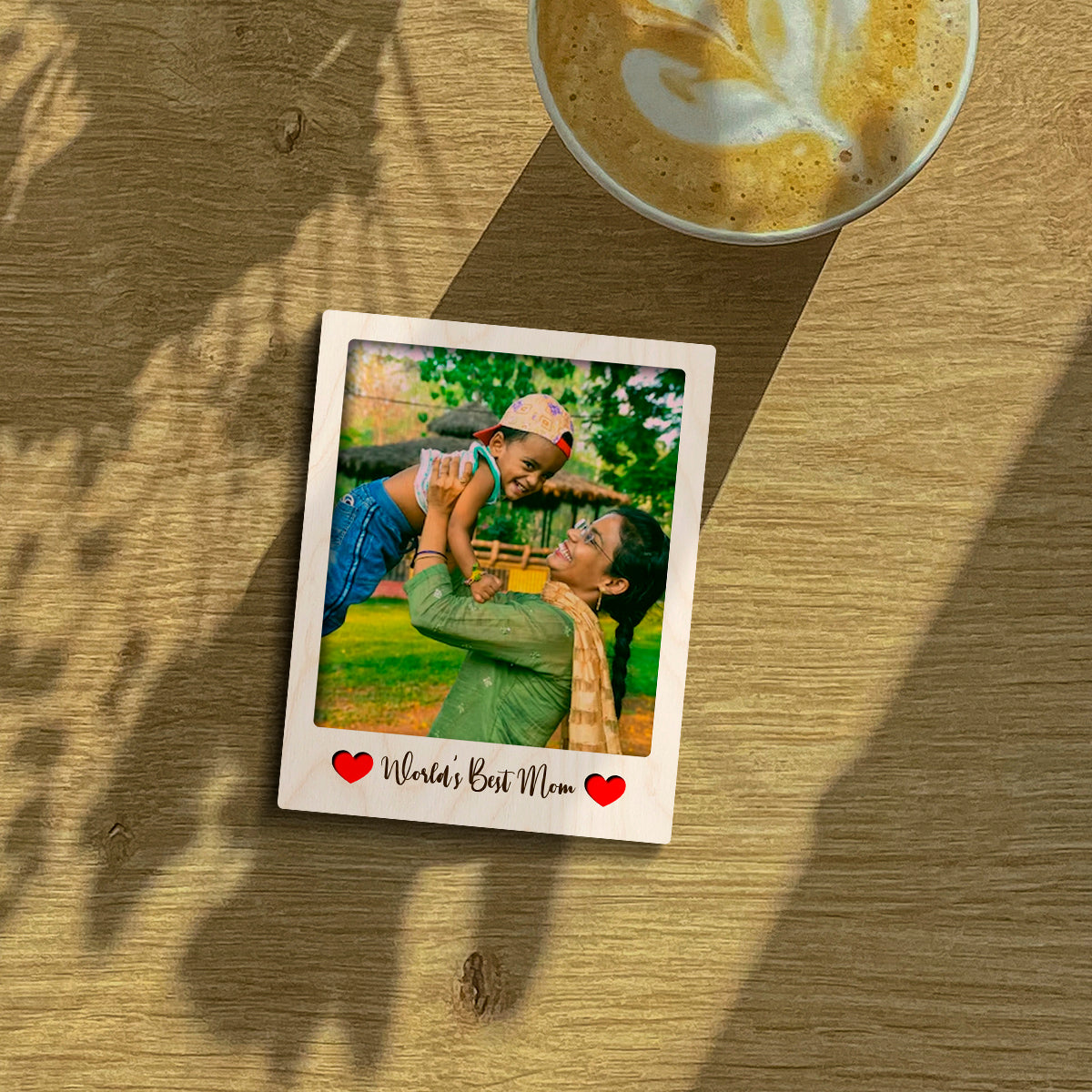 Mom fridge magnet on a clean backdrop showing polaroid frame with Mom-tribute cursive, with magnet back and 3x4 inch.