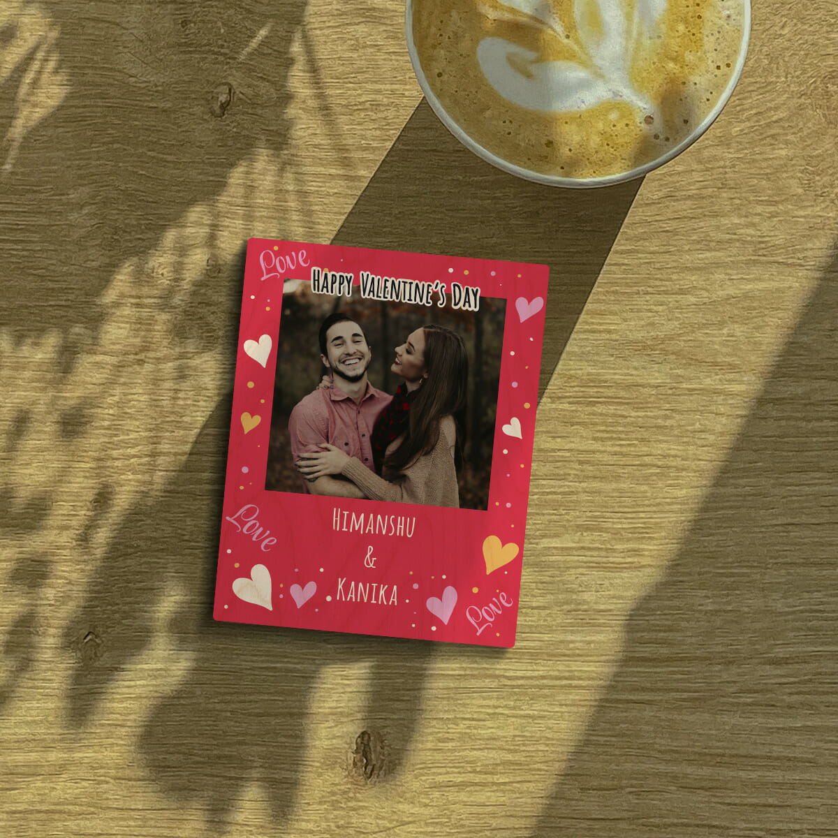 Couple fridge magnet on a clean backdrop showing red Valentine panel + cursive + hearts.
