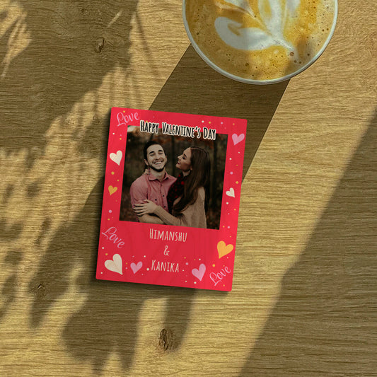 Couple fridge magnet on a clean backdrop showing red Valentine panel + cursive + hearts.
