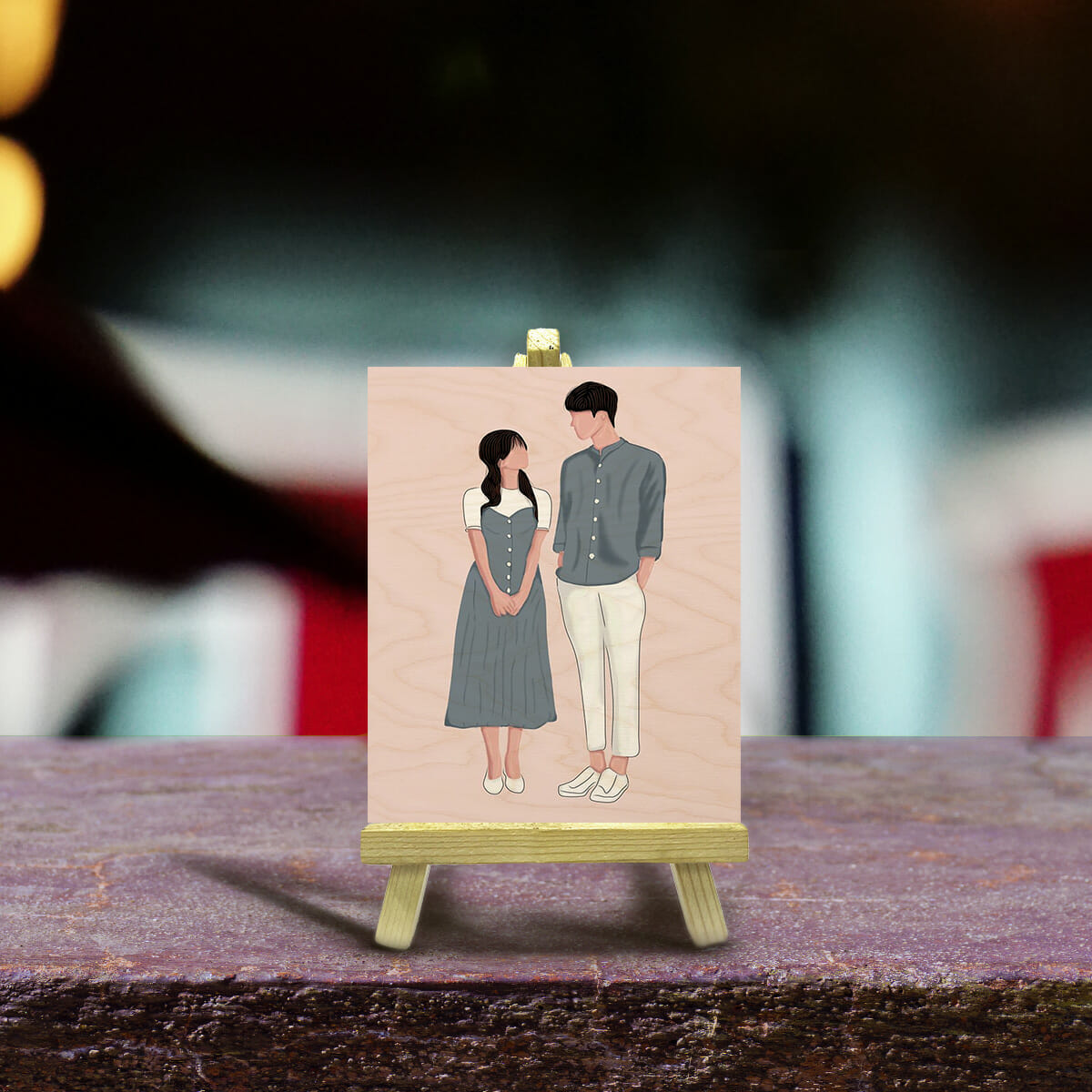 Vector Drawing Wood Print with Personalized Couple Illustration