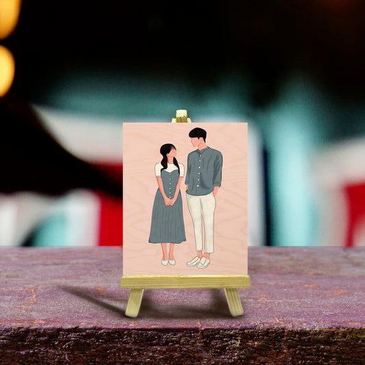 Vector Drawing Wood Print with Personalized Couple Illustration