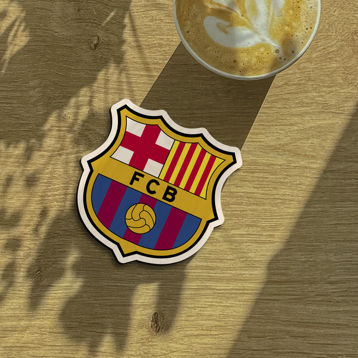 Fc barcelona fridge magnet on a clean backdrop showing fCB heraldic crest with Catalan flag, with magnet back and 4x4 inch.