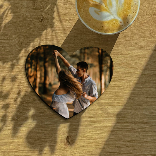 Couple fridge magnet on a clean backdrop showing heart contour-cut silhouette with full-bleed couple photo.