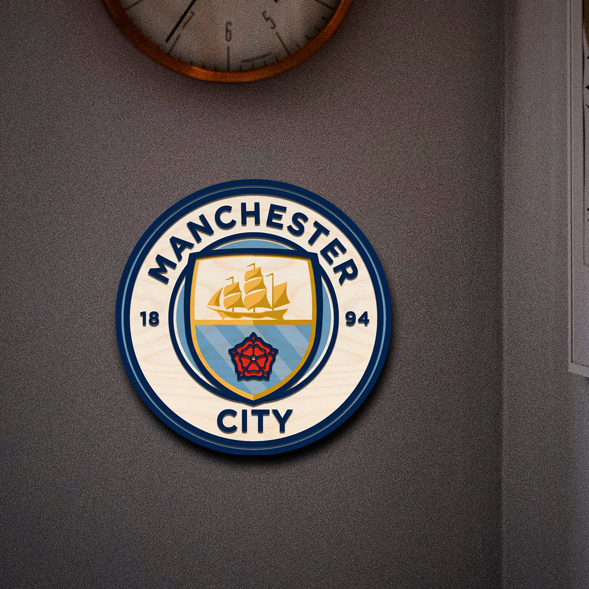 Manchester City wooden crest – handcrafted laser-cut birch club crest in sky blue hand-finished and ready to wall-mount, 12 inches