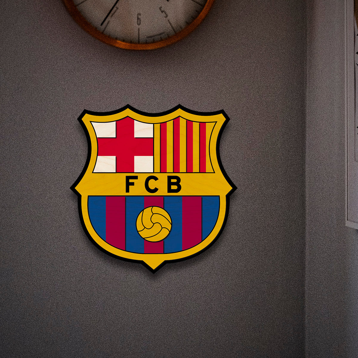FC Barcelona wooden crest – handcrafted laser-cut birch club crest in blaugrana red and blue hand-finished and ready to wall-mount, 12 inches