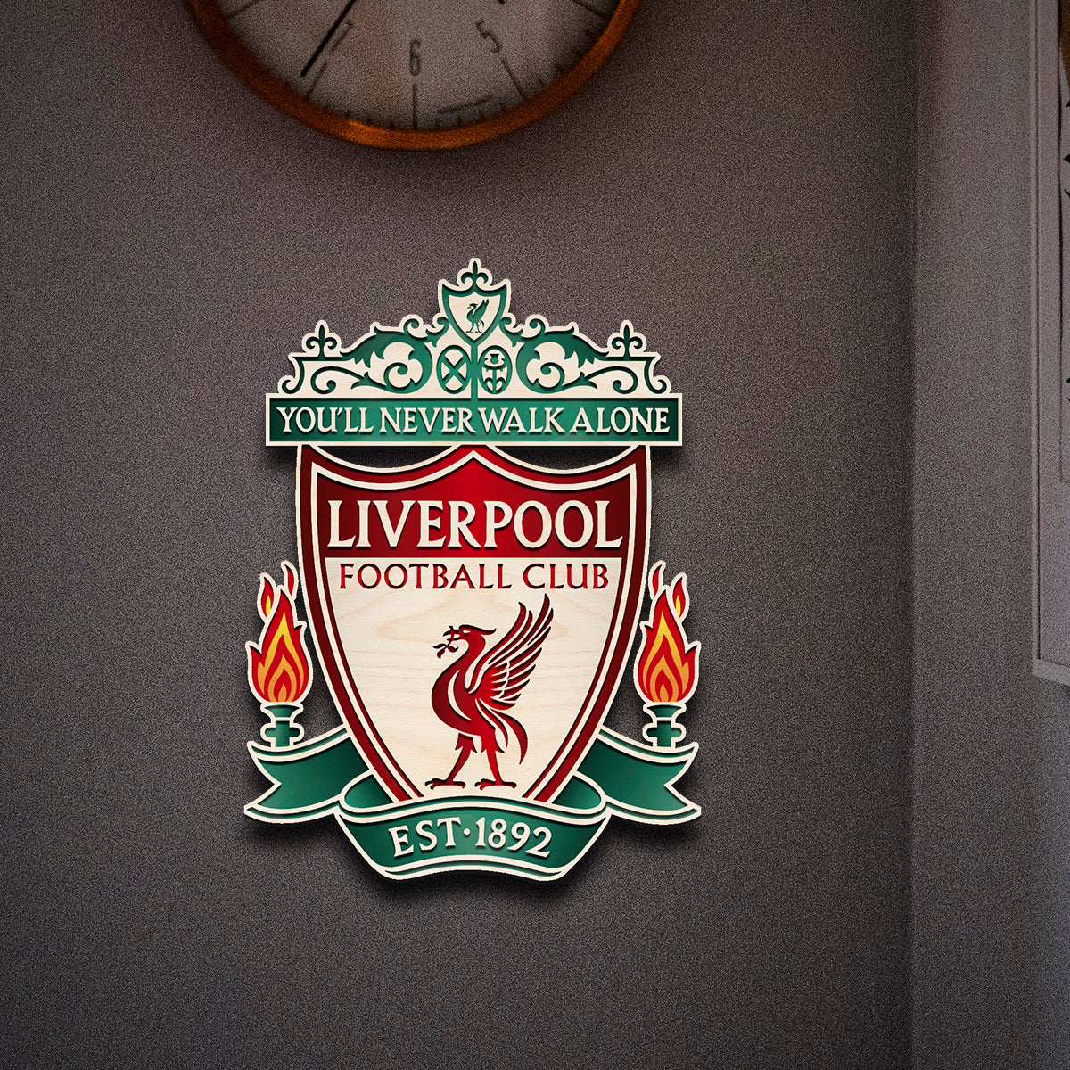 Liverpool wooden crest – handcrafted laser-cut birch Liverpool FC crest with Liver Bird in red and gold, mounted ready to hang, 14x11 inches