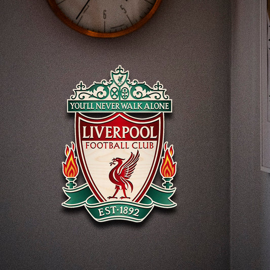 Liverpool wooden crest – handcrafted laser-cut birch Liverpool FC crest with Liver Bird in red and gold, mounted ready to hang, 14x11 inches