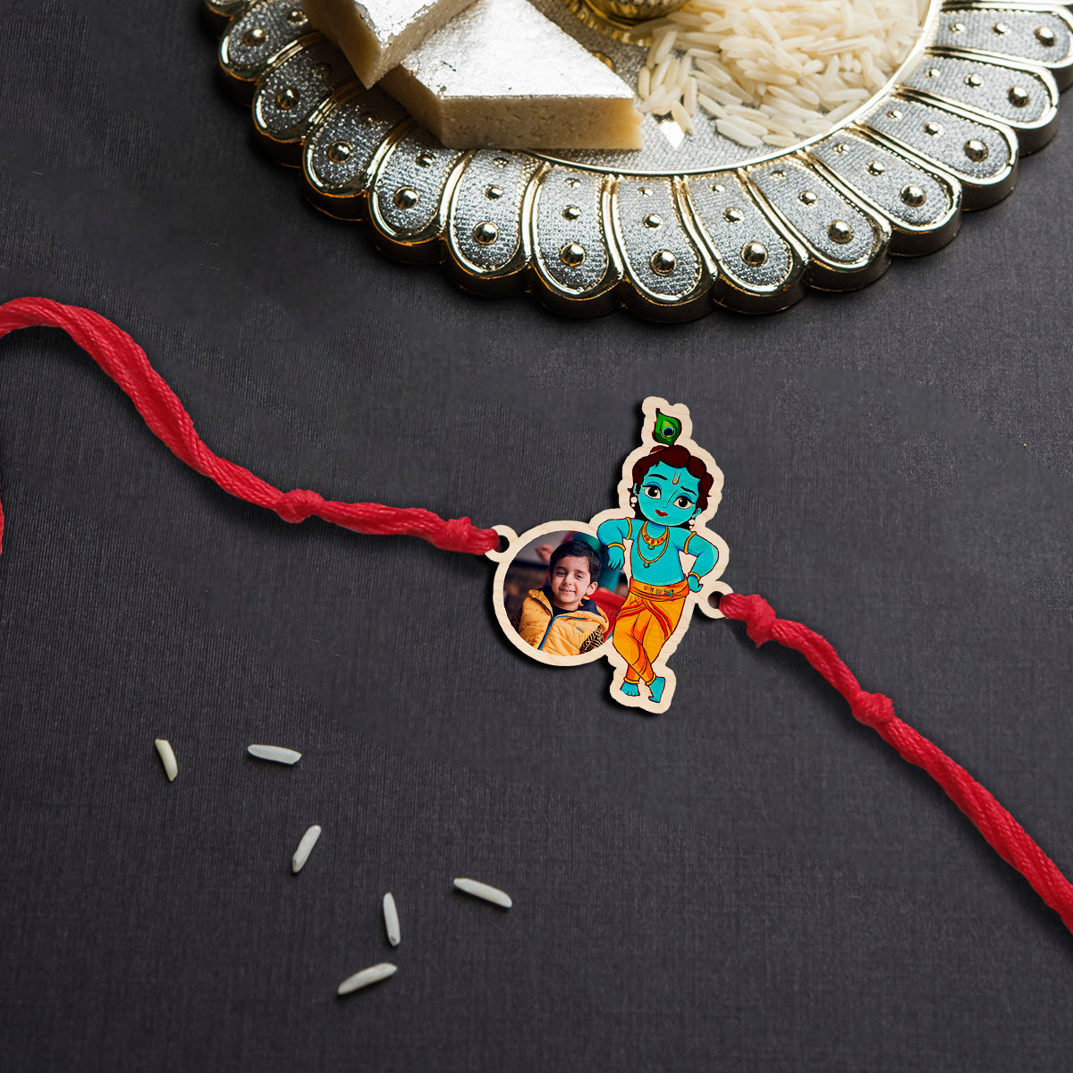 Personalised Krishna Photo Wooden Rakhi for Brother – front view of Krishna with custom photo