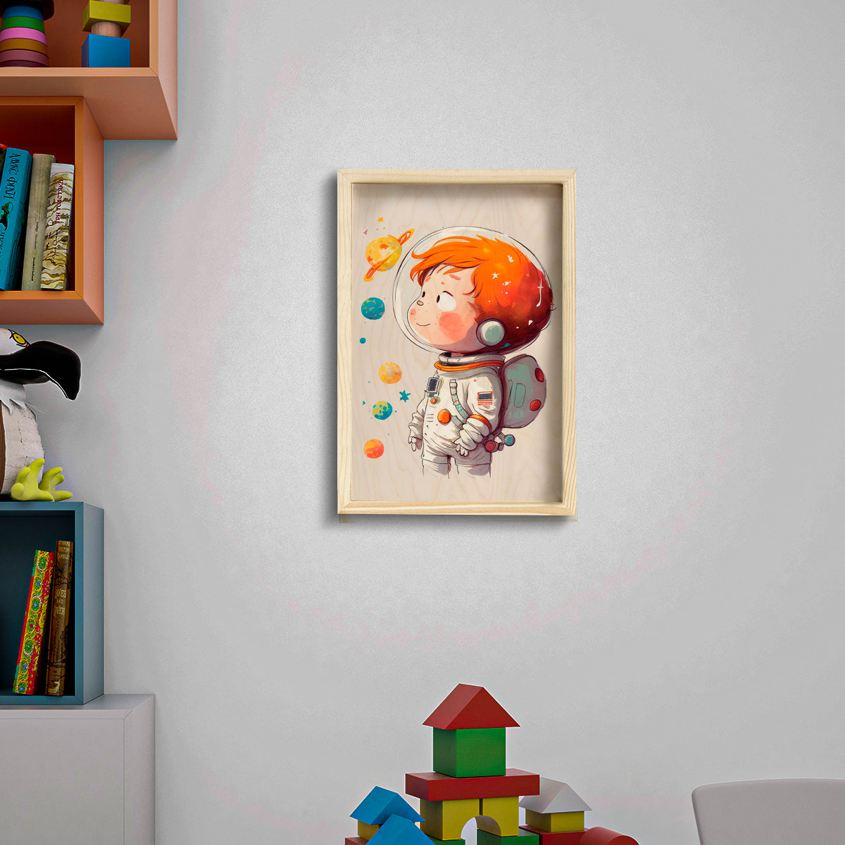 Personalized astronaut wall art – rectangular birch wood print of a boy astronaut with a custom name, 12x8 inches