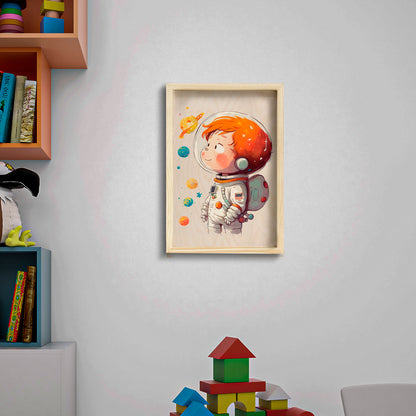 Personalized astronaut wall art – rectangular birch wood print of a boy astronaut with a custom name, 12x8 inches