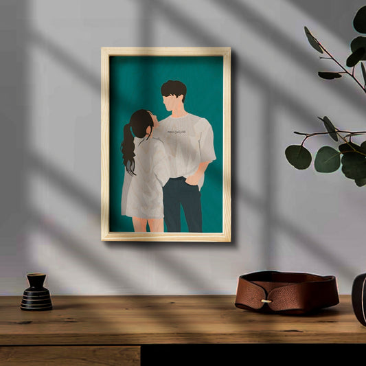 Vector portrait pine frame – rectangular pine-framed wooden art with a minimal vector-style couple illustration on a teal background