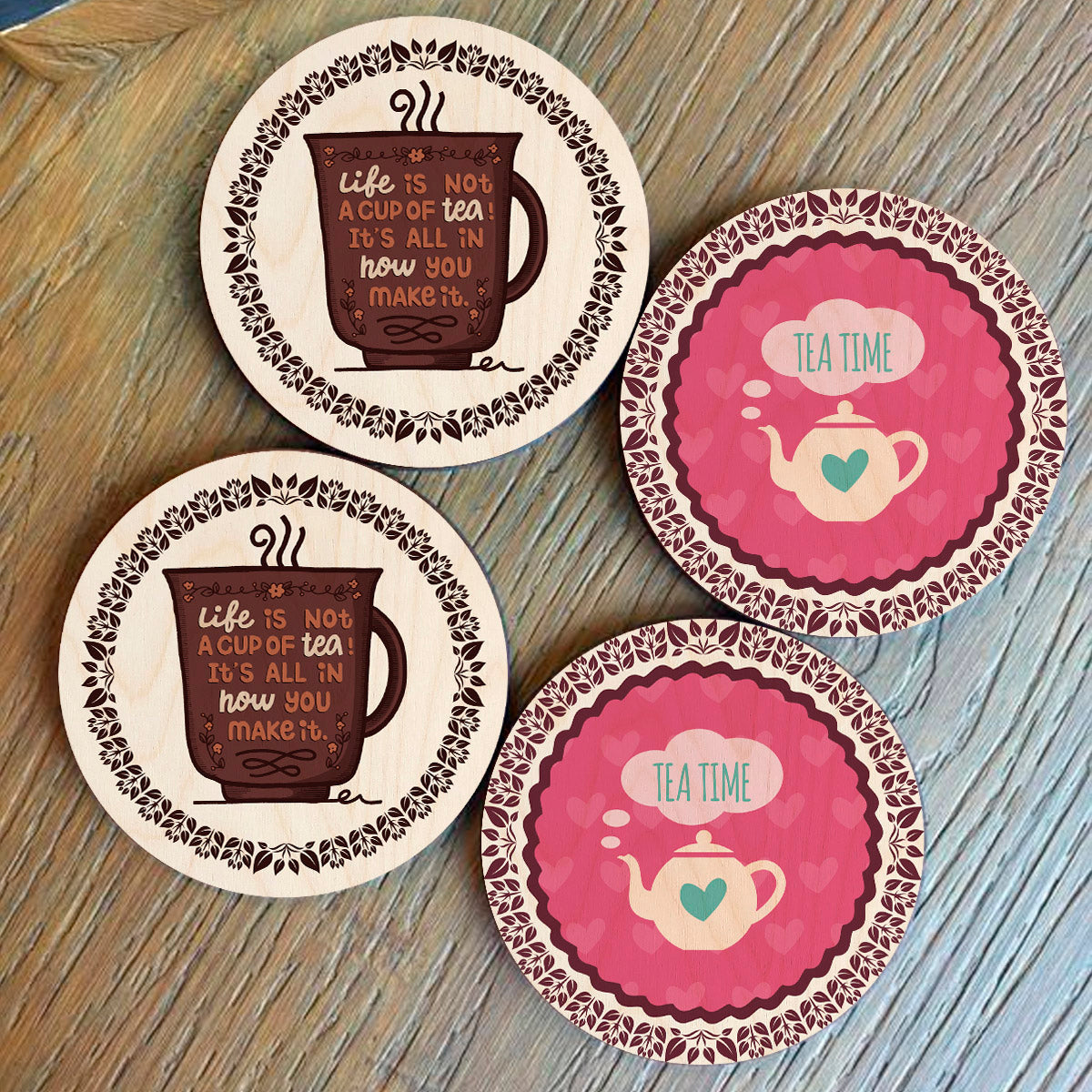 Wooden tea coaster set – round birch coasters with brown coffee-mug quote and pink 'Tea Time' kettle illustration with floral border