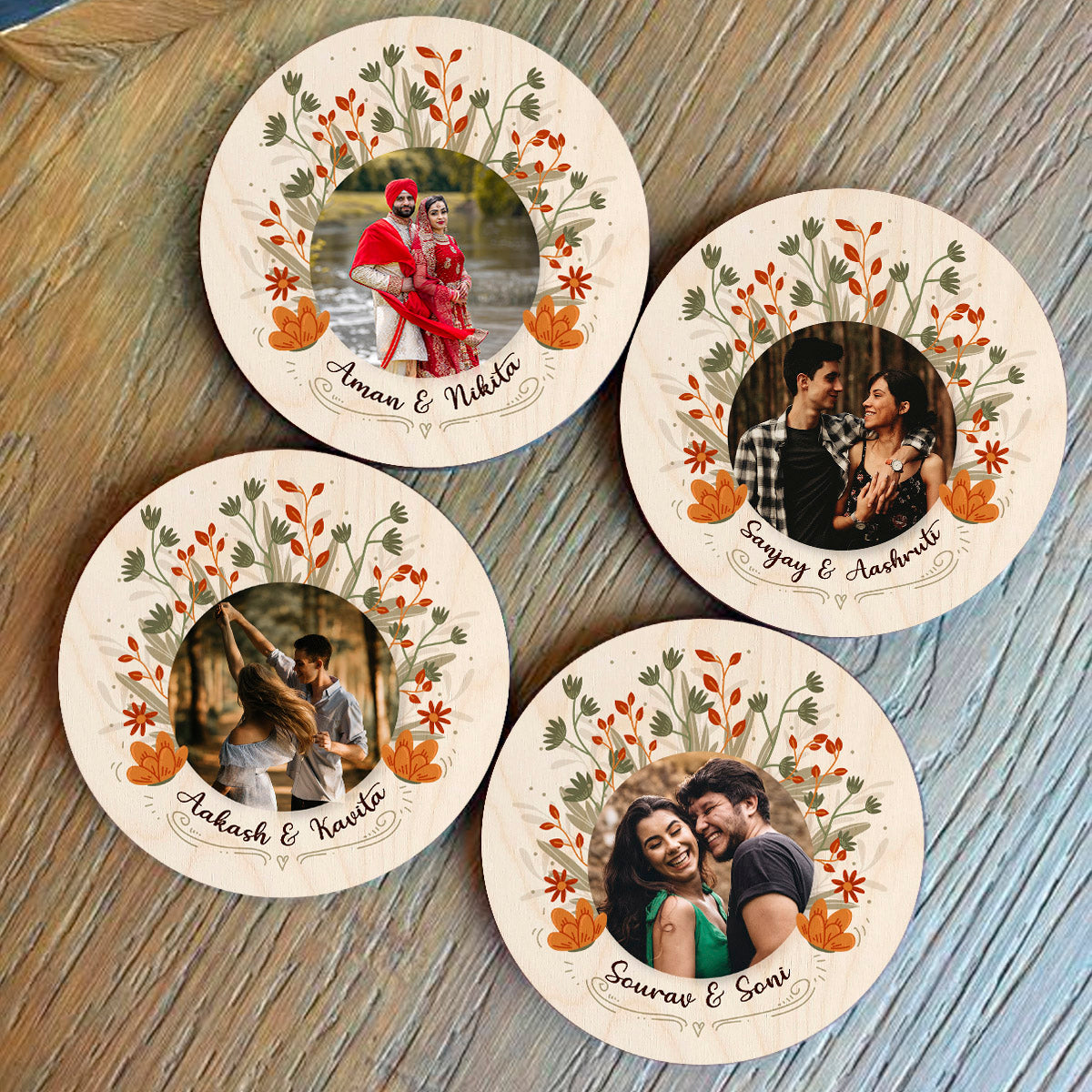 Personalized couple wooden coaster – round birch coaster with central couple photo, floral wreath frame, and personalized names below