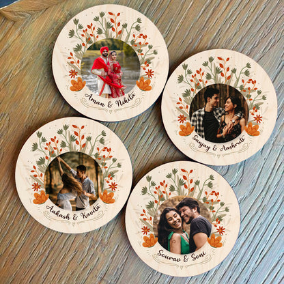 Personalized couple wooden coaster – round birch coaster with central couple photo, floral wreath frame, and personalized names below