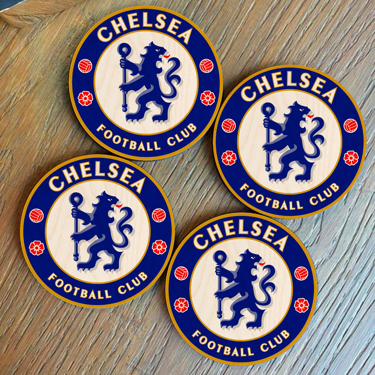 Chelsea wooden coaster – round birch wood coaster printed with the Chelsea club crest in royal blue, 4x4 inches