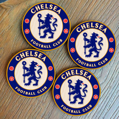 Chelsea wooden coaster – round birch wood coaster printed with the Chelsea club crest in royal blue, 4x4 inches