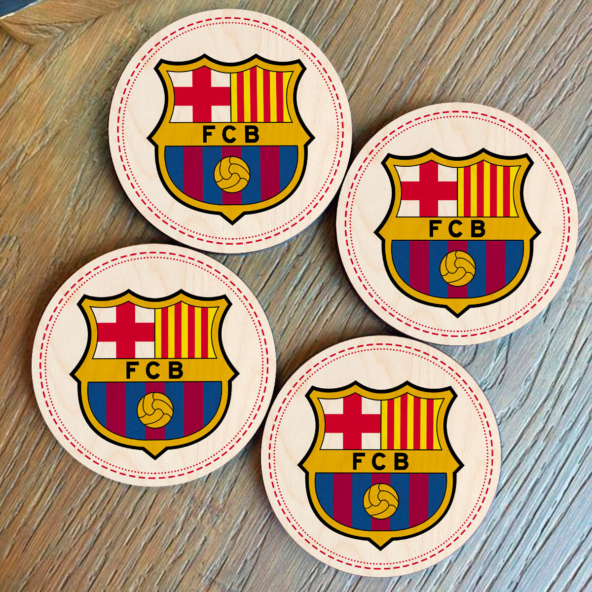 FC Barcelona wooden coaster – round birch wood coaster printed with the FC Barcelona club crest in blaugrana red and blue, 4x4 inches