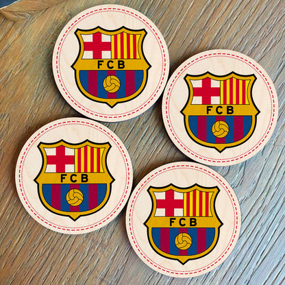 FC Barcelona wooden coaster – round birch wood coaster printed with the FC Barcelona club crest in blaugrana red and blue, 4x4 inches