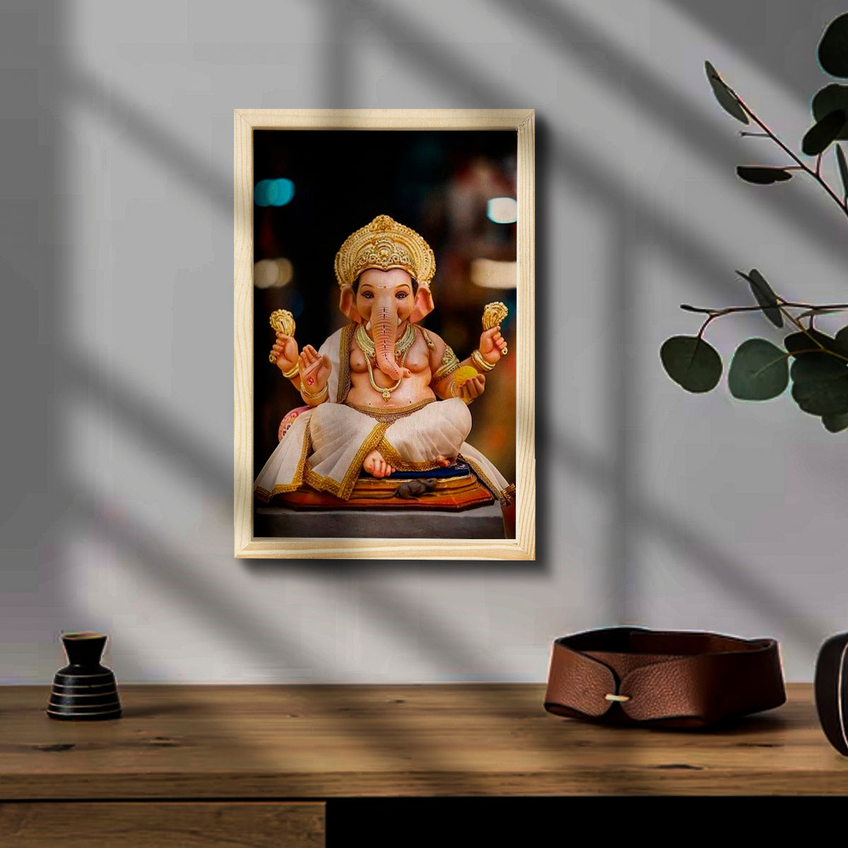 Ganesh Wooden Frame Wall Art – Pine Border in 3D
