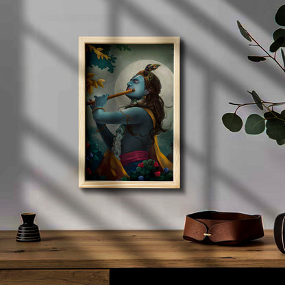Krishna Wooden Frame Wall Art with Pine Border Devotional Design