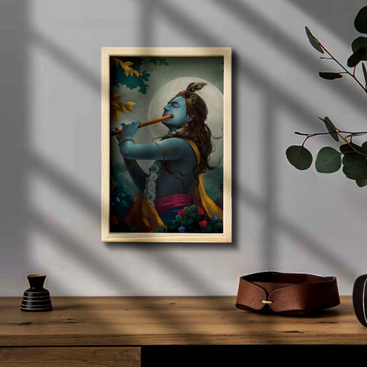 Krishna Wooden Frame Wall Art with Pine Border Devotional Design