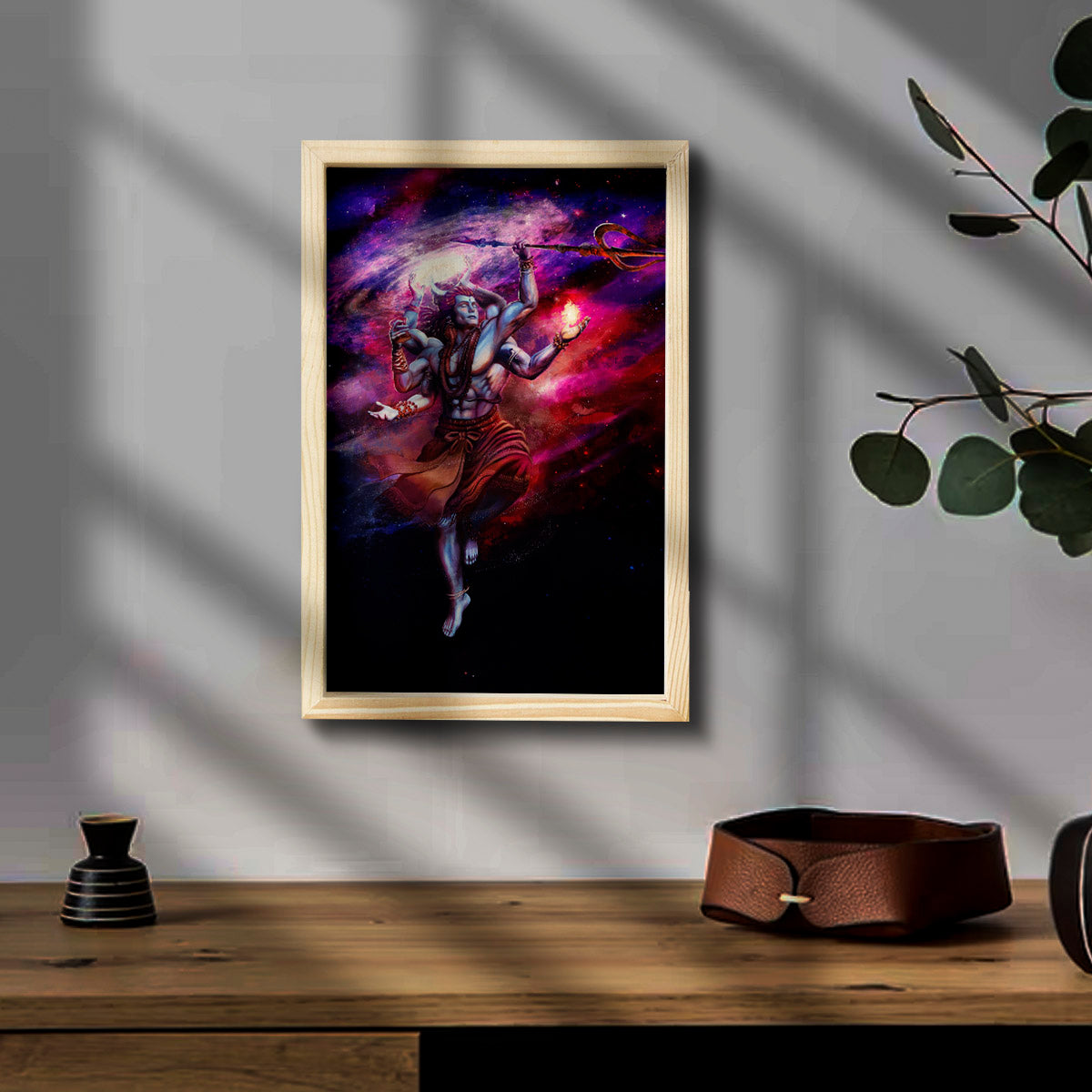 Shiva Wooden Frame Wall Art with Pine Border Devotional Design