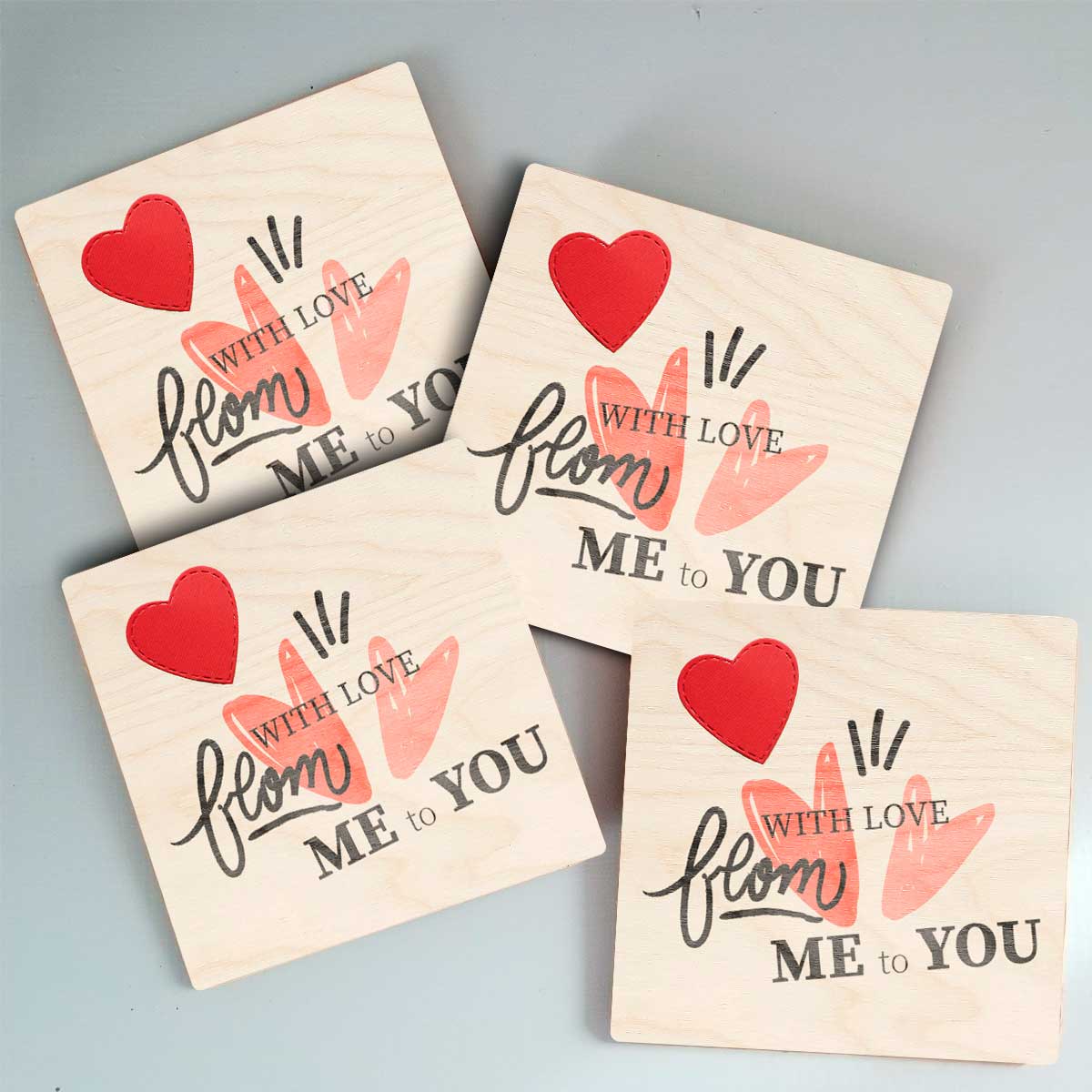Love Valentine Coaster Set in Wood with Heart Gift Design