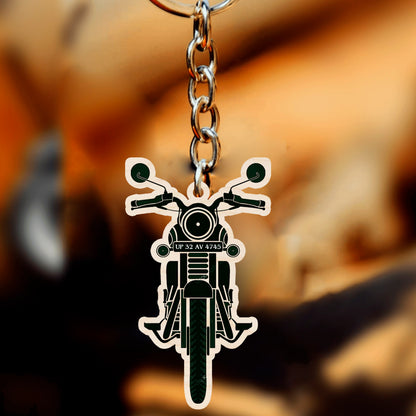 Bike keychain royal enfield on a clean backdrop showing bullet silhouette cutout with real custom number-plate slot.