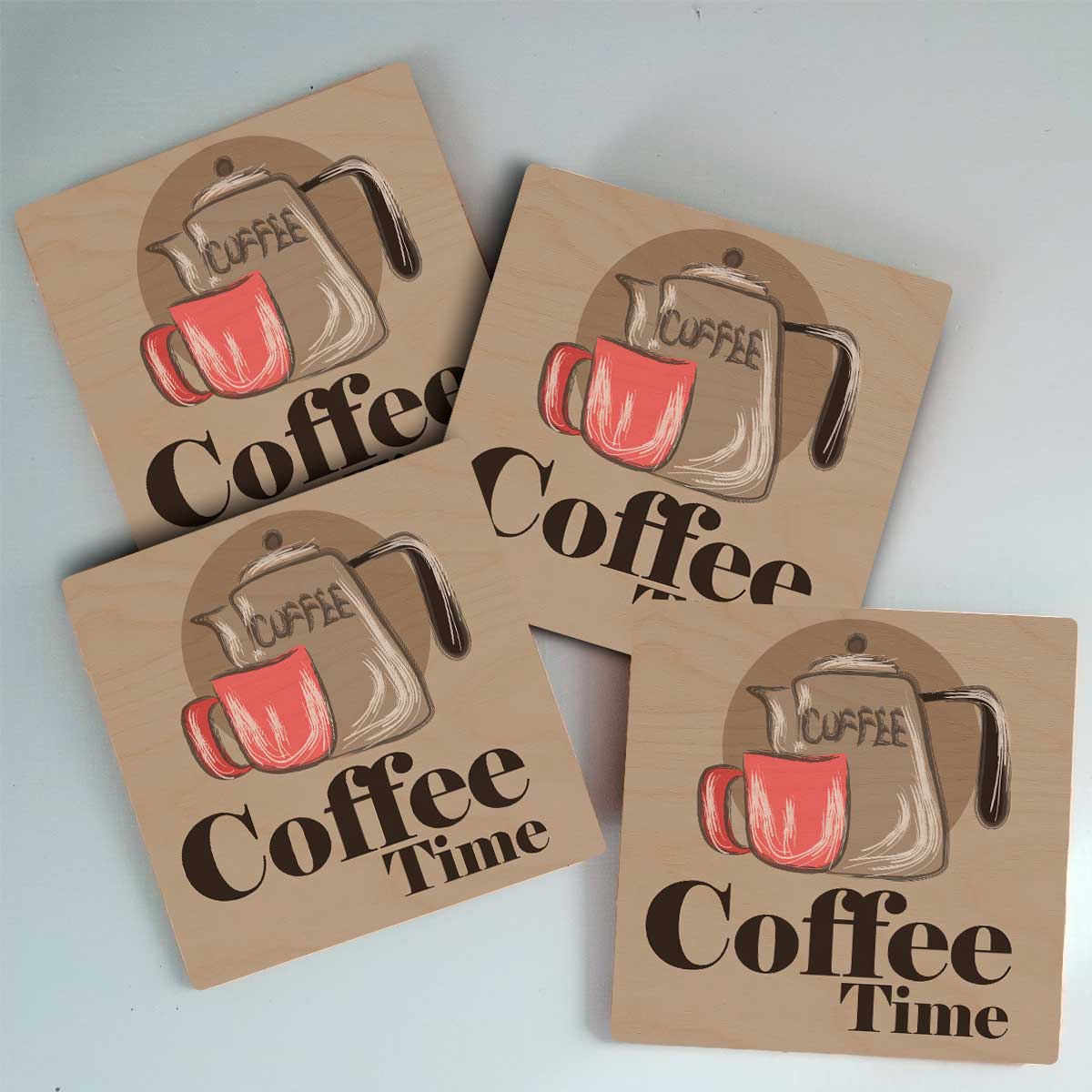 Coffee Time Square Coasters – Wooden Cafe Quote Set