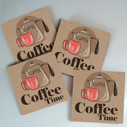 Coffee Time Square Coasters – Wooden Cafe Quote Set