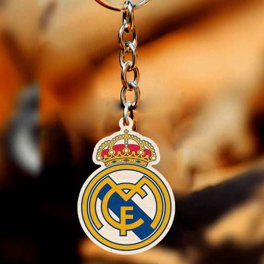 Real Madrid wooden keychain – laser-cut birch keychain printed with the Real Madrid CF club crest in gold, blue and red