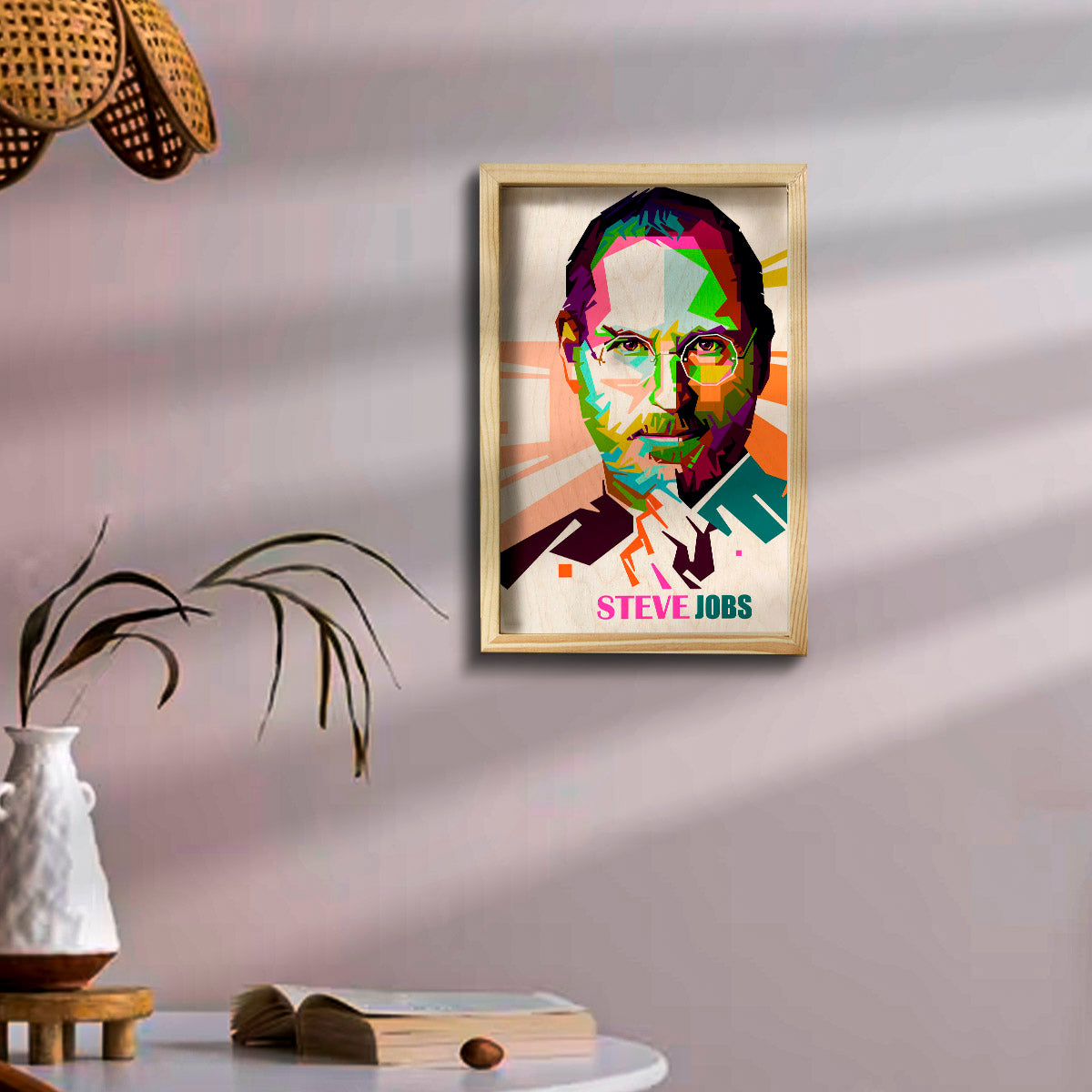Steve Jobs Wooden Frame Wall Art with Colourful Pine Portrait