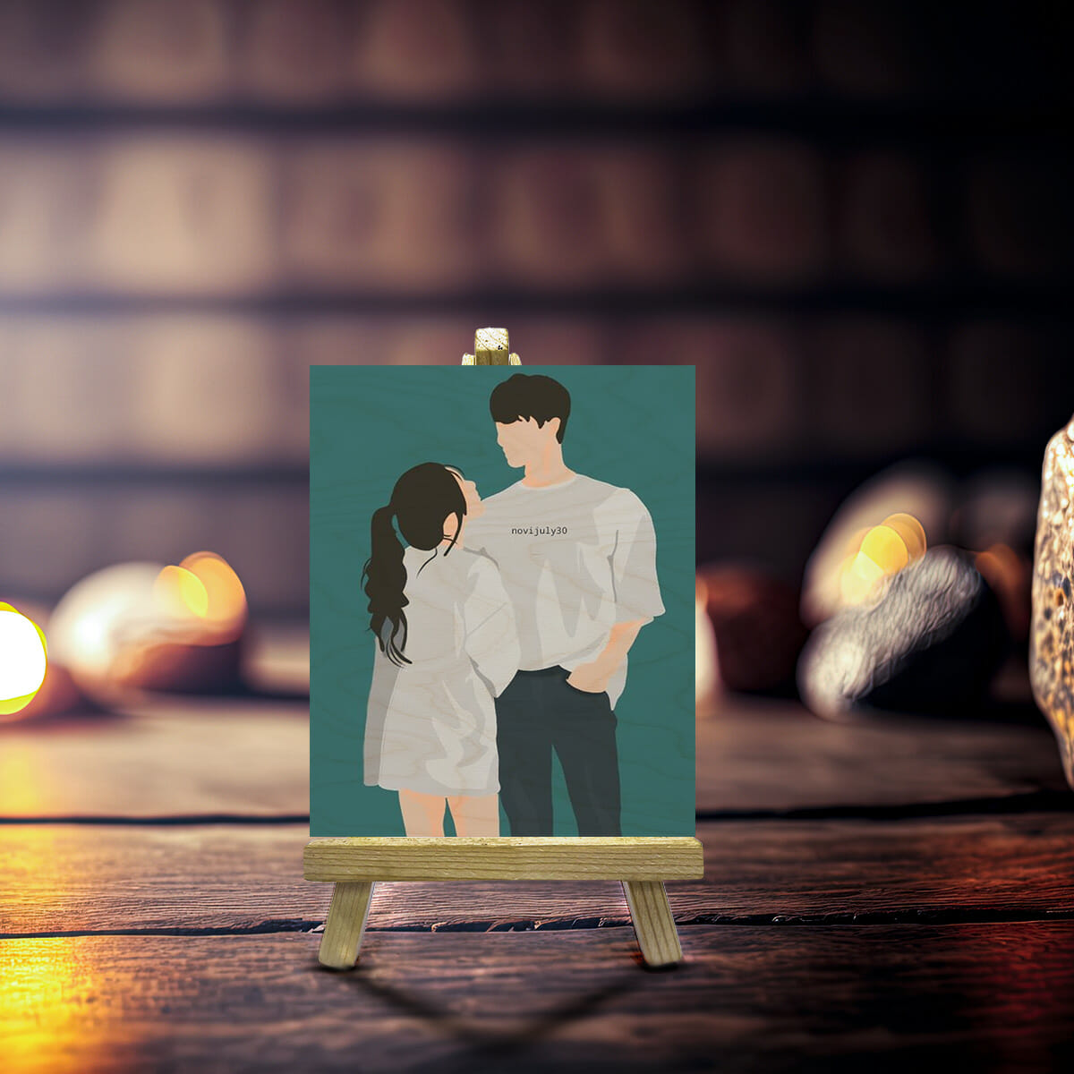 Vector Drawing Wood Print with Personalized Couple Illustration