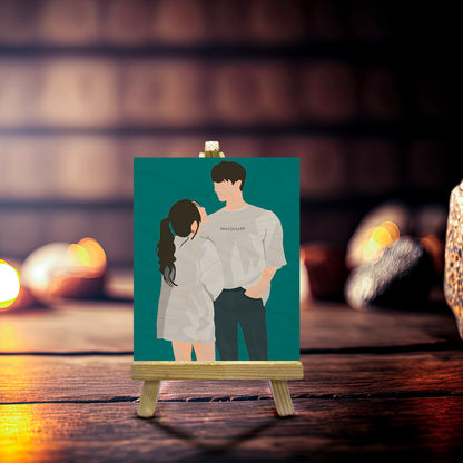 Vector Drawing Wood Print with Personalized Couple Illustration