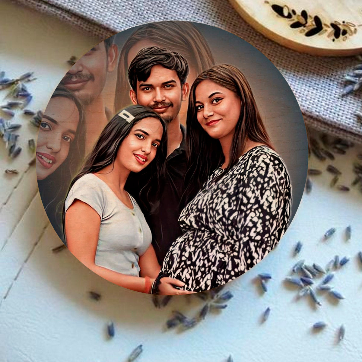 Personalized wooden coasters – round birch wood coaster with a printed family photograph, 4x4 inches