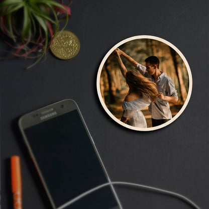 Alternate angle on the couple fridge magnet, showing circle contour-cut silhouette with full-bleed couple photo.