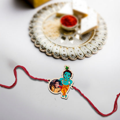 Personalised Krishna Photo Wooden Rakhi for Brother – close-up of HD photo print