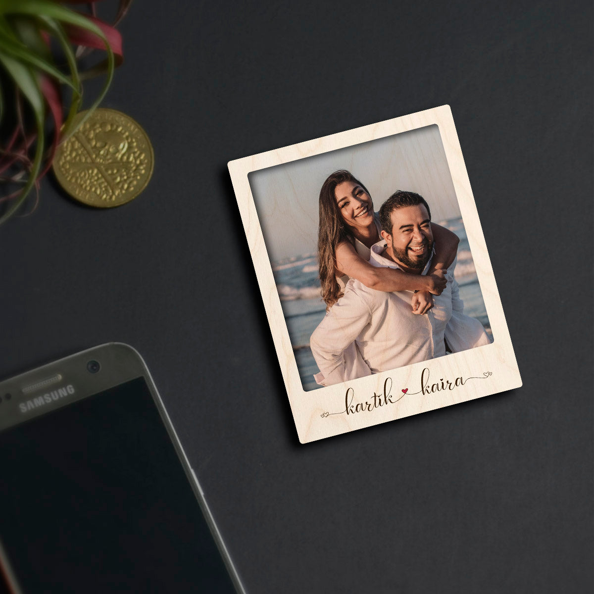 Couple Photo Fridge Magnet in Wood with Personalized Print Design