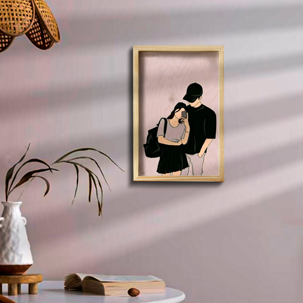 Vector Portrait Pine Frame in Wood with Personalized Couple Art