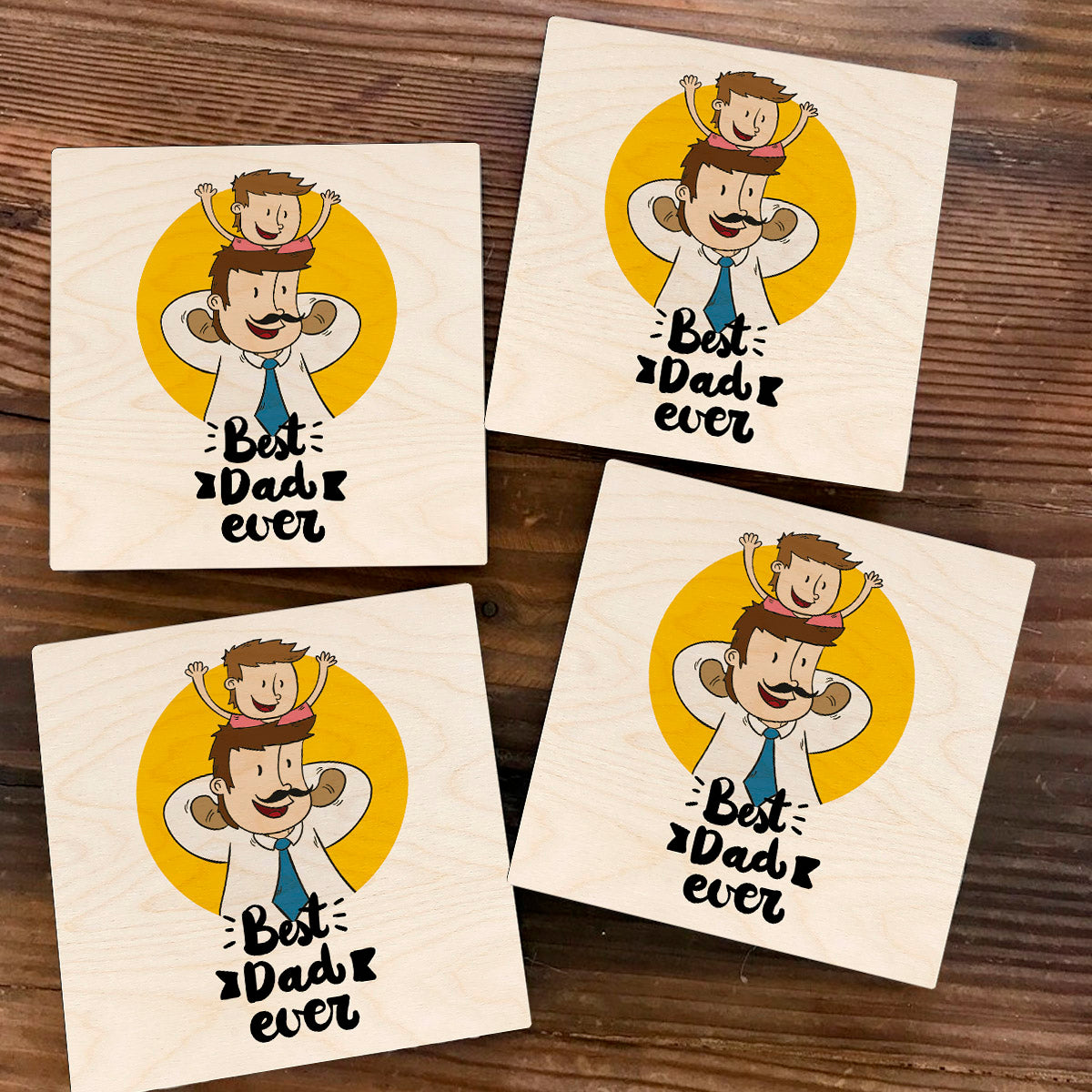 Dad Coaster for Father's Day – Wooden Square Cartoon Design